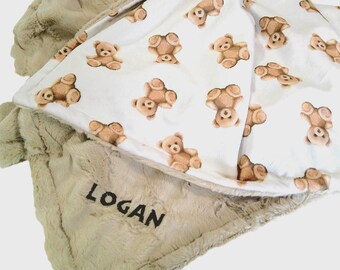 Teddy Bear Blanket, Custom Brown Bear Bedding, All Sizes, Satin Ruffle Option
