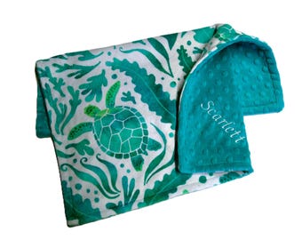 Sea Turtle Blanket, Personalized Ocean Creatures Baby Blanket, with Satin Ruffle Option