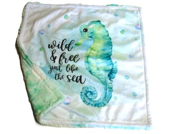 Seahorse Baby Lovey - Ocean Creatures - Ready to Ship Travel Security Blanket - Minky and Fur Plush
