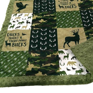 Duck Hunting Blanket with Embroidered Name, Ducks Trucks and Eight Point Bucks Baby Blanket, Deer and Duck Baby Shower Gift image 1