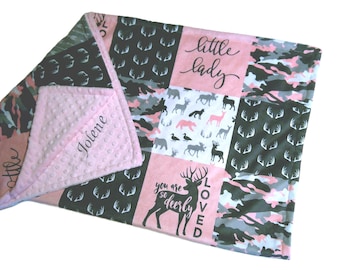 Personalized Baby Girl Blanket, Little Lady Custom Pink Woodland Animals with Satin Ruffle Option