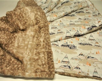 Teepee Blanket Ready to Ship Baby Blanket Woodland Throw Baby Boy Mountains Toddler Blanket Spotted Fawn Fur Ready to Ship