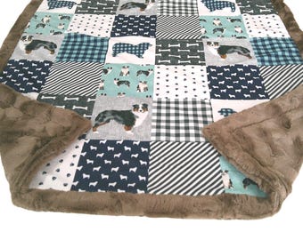 Australian Shepherd Blanket, Personalized Dog Blanket, Aussie Minky Plush Bedding, Blue Brown Gray