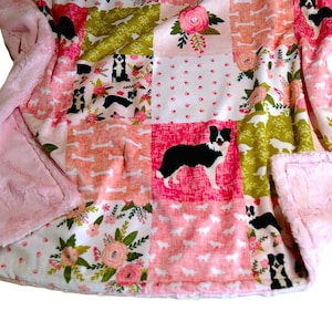 Border Collie Blanket, Personalized Baby Girl Dog Blanket, with Satin Ruffle Option, Pink Floral Baby Bedding