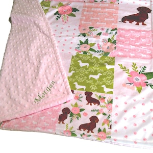 Personalized Wiener Dog Minky Blanket, Pink Floral Dog Bedding, Dachshund Gift for Girl, Cozy Throw Plush Fur