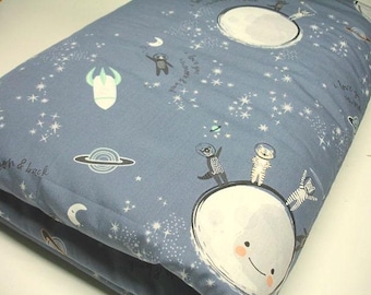 Moon and Stars Blanket, Custom Space Toddler Bedding, Satin Ruffle Option, Cotton & Minky