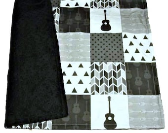 Guitar Blanket, Personalized Music Lover Bedding, Black and White Adult Rock Star Decor, Satin Ruffle Option
