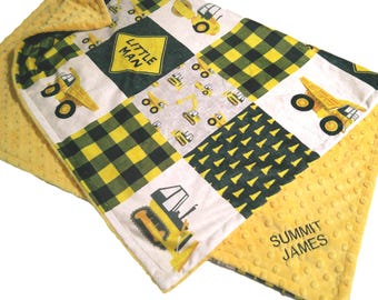 Construction Little Man Blanket, Personalized Dump Truck Bedding with Satin Ruffle Option