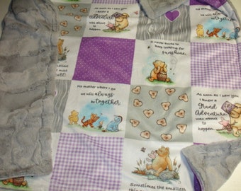 Ready to Ship Winnie the Pooh Baby Blanket Purple Yellow Pink Minky and Plush Fur