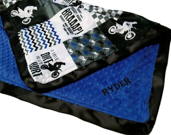 Dirt Bike Blanket, Personalized Dirt Life Toddler Boy Bedding, All Sizes, Satin Ruffle Option