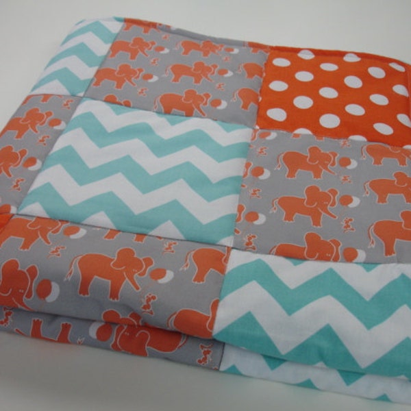 Let's Be Friends Orange and Aqua Elephant and Mouse Minky Baby Blanket 32 x 32 READY TO SHIP On Sale