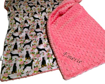 Doberman Blanket, Personalized Pink Dog Floral Bedding for Girl, Dobie Pinscher, Satin Ruffle Option