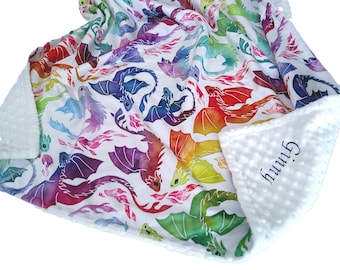Rainbow Dragons Blanket, Personalized Colorful Minky Bedding with Satin Ruffle Option