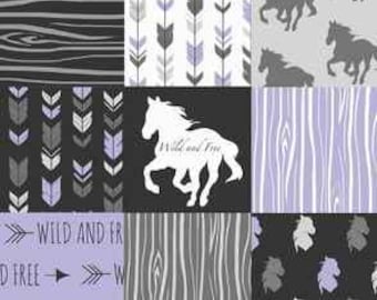 Horse Cotton Fabric Panel 24"x24" Wild and Free Horses Organic Cotton Sateen Quilting Fabric Purple Gray Wholecloth Cheater Quilt Fabric