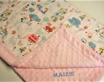 Personalized Baby Lovey Alice in Wonderland Baby Security Blanket Minky With Trim Border Pink Girls