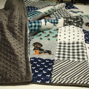 Personalized Wiener Dogs Minky Blanket Navy Gray Baby Toddler Child Adult Blanket Gender Neutral