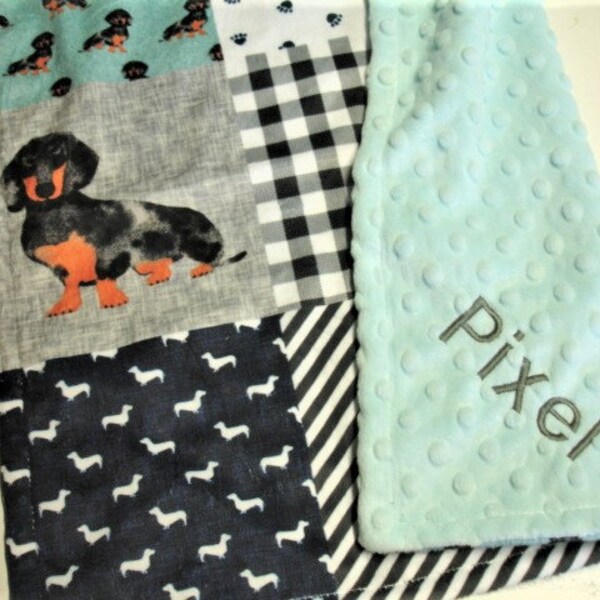 Dog Baby Lovey Personalized Wiener Dog Baby Security Blanket Navy Gray Aqua Minky