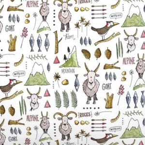 May include: White fabric with a repeating pattern of watercolor illustrations. The design includes goats, mountains, arrows, birds, fish, and the words "ALPINE", "GOAT", "ROCKS", and "MOUNTAIN".