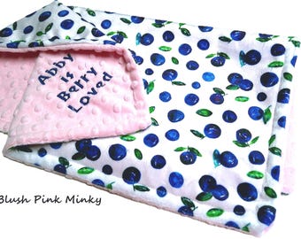 Blueberries Blanket, Personalized Berry Loved Baby Bedding, Custom Minky Fruit Throw