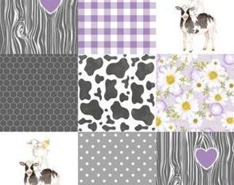 Minky Fabric, Farm Love for Girl, Purple and Gray Wholecloth Quilting Panel 24"x36"