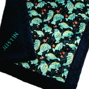 Manatee Baby Blanket, Ocean Creatures Personalized Baby Gift, Warm and Soft, Minky Fur Plush, Navy Mint Gender Neutral