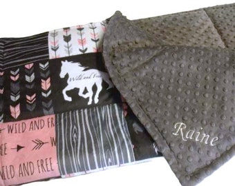 Horse Blanket, Personalized Wild Stallion Bedding, Girls Pony Throw, Pink and Gray Western Decor