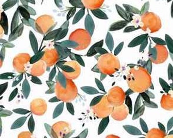 May include: Watercolor pattern featuring bright orange citrus fruits with green leaves and small white flowers on a white background. The design is a repeating pattern of oranges and foliage.