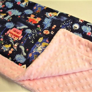 Personalized Baby Girl Lovey Blanket Alice in Wonderland Baby Security Blanket Minky With Trim Border Pink