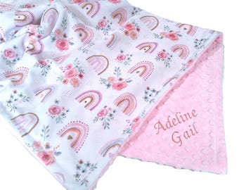 Boho Rainbow Blanket, Personalized Girls Bedding, Neutral Colors with Satin Ruffle Option