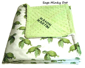 Sea Turtle Blanket, Personalized Ocean Creatures Bedding, Satin Ruffle Option, Under the Sea Minky Blanket