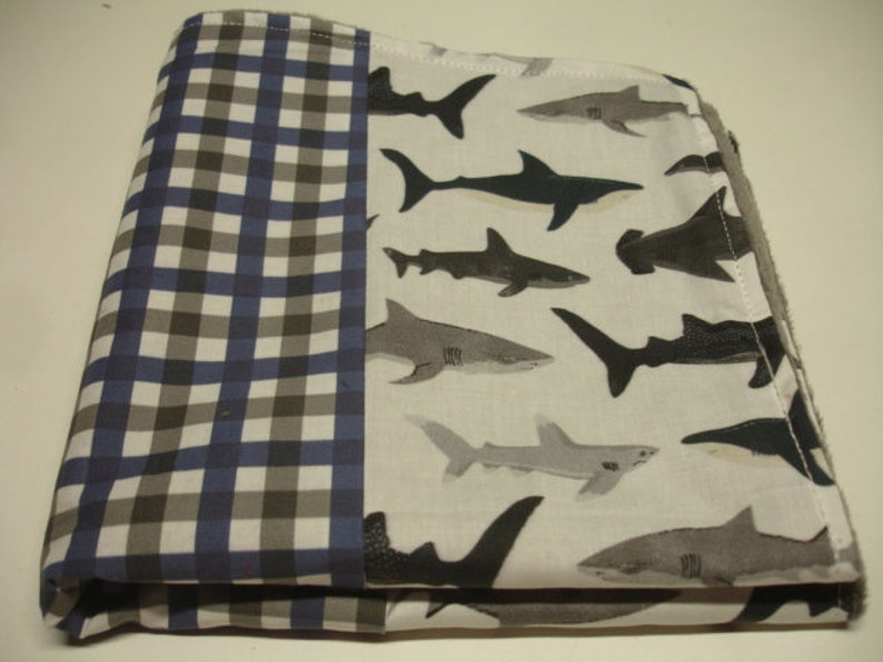 Sharks in the Deep with Plaid Minky Baby Lovey 16 x 16 READY TO SHIP