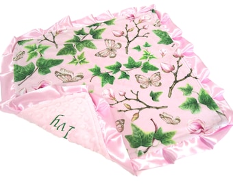 Ivy Blanket, Personalized Butterfly Floral Bedding, All Sizes, Pink and Green, Satin Ruffle Option
