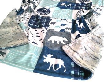 Adventure Blanket, Custom Woodland Animals Bedding, Rustic Decor, All Sizes, Satin Ruffle Option