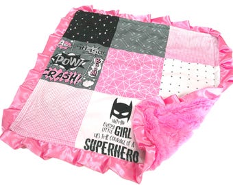 Personalized Superhero Blanket for Girl, All Sizes, Pink Gray and Black Mask Bedding, Satin Ruffle Option