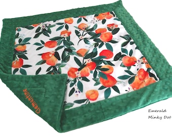 Clementine Blanket, Orange Fruit Bedding, All Sizes, Little Cutie Personalized Baby Blanket, Satin Ruffle Option