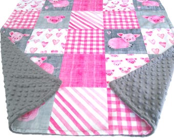 Pig Baby Blanket, Personalized Piglet Baby Bedding, Pink and Gray Nursery Decor with Satin Ruffle Option