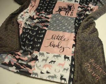 Personalized Baby Girl Blanket Woodland Animals Blanket Little Lady Camouflage Hunting Deer Pink Gray Toddler Child Adult Blanket