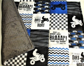 4 Wheel Blanket Personalized Minky Baby Toddler Child Adult Blanket Blue Black Gray Boys Dirt Life Plush Fur
