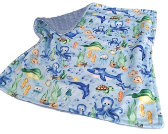 Under the Sea Blanket, Personalized Watercolor Ocean Creatures Nursery Bedding, All Sizes, Satin Ruffle Option