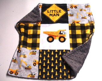 Baby Lovey Construction Personalized Little Man Security Blanket Yellow Gray Black Minky