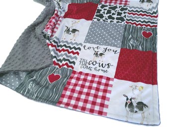 Farm Blanket, Personalized Red Tractor Nursery Bedding, Barnyard Animals Baby Shower Gift