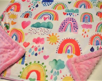 Rainbow Baby Blanket Personalized Sun and Clouds Minky Blanket Toddler Child Adult Rainbow Throw