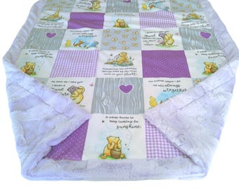 Winnie the Pooh Baby Blanket, Personalized Classic Pooh and Friends Bedding Purple, Satin Ruffle Option