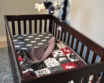 Woodland Crib Bedding Set, Personalized Happy Camper Nursery, Custom 1-6 Piece Set Red Black Gray Minky Crib Set