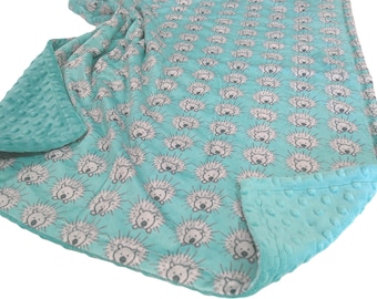 Porcupine Baby Blanket, Woodland Animals Newborn Gift, Aqua and Gray Minky Plush Security Blanket, Ready to Ship