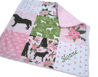 Personalized Chocolate Lab Lovey for Baby Girl, Pink Security Blanket with Satin Ruffle Option