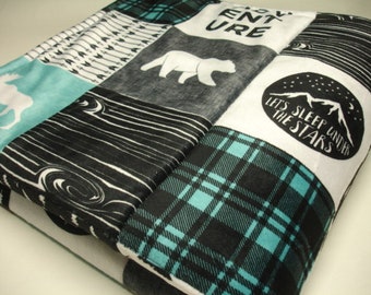 Happy Camper Blanket Personalized Adventure Blanket Baby Toddler Child Adult Camping Blanket Black Teal Gray