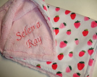 Baby Lovey Strawberries Personalized Baby Security Blanket Plush Minky Plush Fur