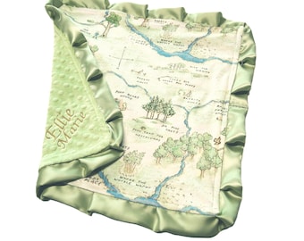 Hundred Acre Wood Blanket, Winnie the Pooh Baby Lovey, Neutral Nursery Decor, Satin Ruffle Option