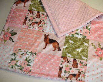 German Shepherd Blanket Personalized Baby Toddler Child Adult Blanket Pink Green Floral Minky